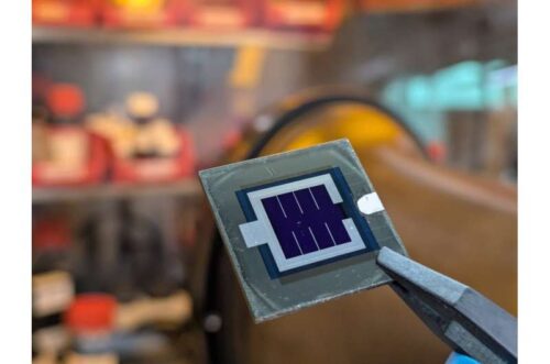 The tandem solar cell shown here combines CIGSe and perovskite semiconductors. It is slightly larger than 1 square centimeter and achieves a record efficiency of 25.5% for this combination of materials. Credit: G. Farias Basulto / HZB