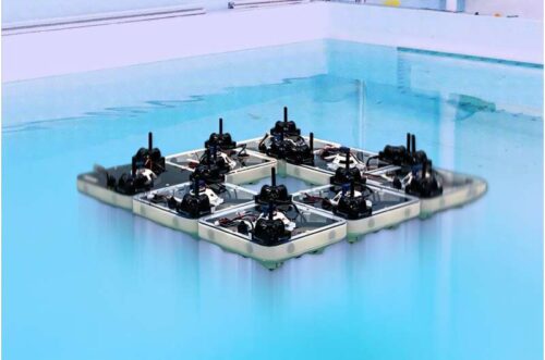 These small square robotic boats can assemble themselves into larger structures on the water, break apart, and reassemble into something new, all with minimal human direction.