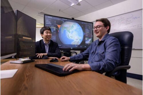 WVU engineers including Hang Woon Lee, left, and Brycen Pearl have developed a satellite positioning system that improves the detection of wildfires from space.