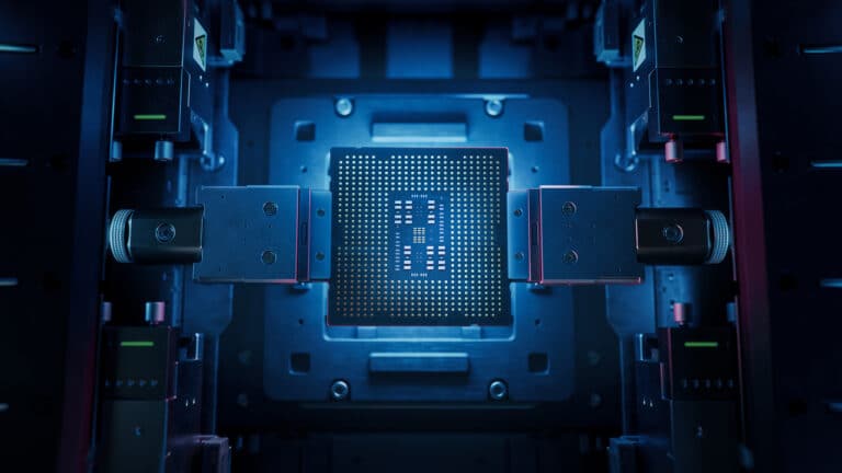 Top View of Computer Chip on Conveyor Line during Production and Packaging Process on Semiconductor Fab. Processor at Engineering Laboratory. Advanced Microchip in Industrial Environment.