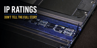 Why IP Ratings Do Not Tell the Full Foldable Story Close-up of glowing dust particles inside a foldable phone's hinge mechanism, titled IP Ratings Don't Tell the Full Story