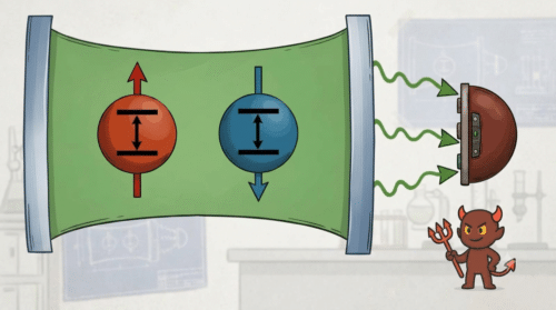 Diagram showing two spin particles in a cavity with photons detected by a Maxwell's demon monitor, illustrating the quantum battery experiment