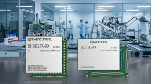 Illustration of Quectel SH602FA and SE505FE smart modules in a manufacturing environment
