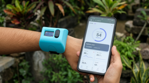 Person wearing the HYDR8 hydration-monitoring wearable while checking the companion phone dashboard