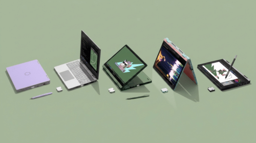 Illustration of a modular convertible laptop shown in multiple colorways and configurations