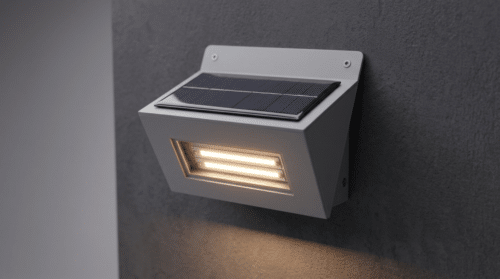 Solar-powered wedge light with PVC housing mounted on an outdoor wall