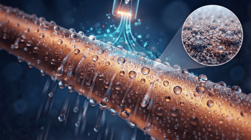 Water droplets condensing on a copper tube with a microscopic inset showing nanoscale surface texture