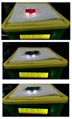 Mixing Lake Green colour with red oxide colour: Top figure shows red only. The fig. (b) shows a mix of 10% of Green with red pigment. The fig. (c) shows a mix of 25%; Note the reduction of R and increase of G
