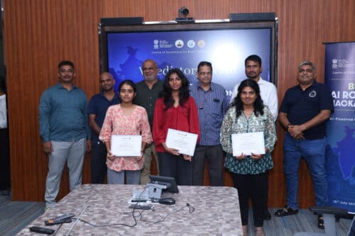 Prof. Venkatesh Balasubramanian (R), Head, CoERS, IIT Madras, with one of the teams taking part in BIMSTEC AI Road Safety Hackathon 202