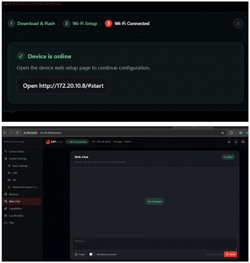 AI agent ESP claw chatting window