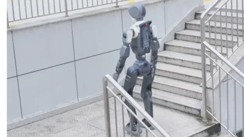DR02 humanoid tackles outdoor stairs, highlighting its dynamic mobility and rugged capabilities in challenging environments.