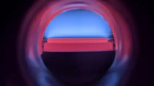 Inside this plasma-filled vacuum chamber is the underlying diamond substrate for creating a diamond membrane.