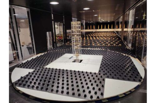View of the aeroelastic model in the Imperial 10x5 Wind Tunnel