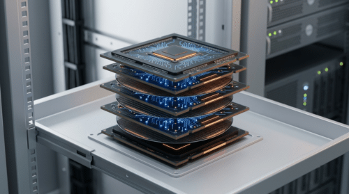 Layered chip and wafer stack illustrating global DRAM and memory chip supply constraints