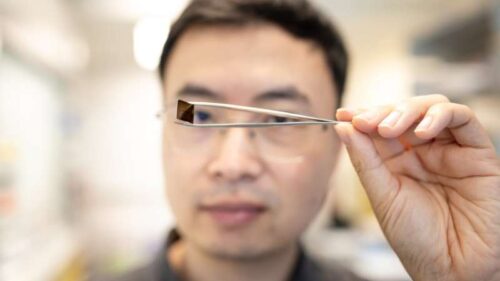 Princeton researchers have created an ultrathin semiconductor that can repeatedly change its properties in response to changes in light. Saien Xie, assistant professor of electrical and computer engineering, holds up sample of the new material. 