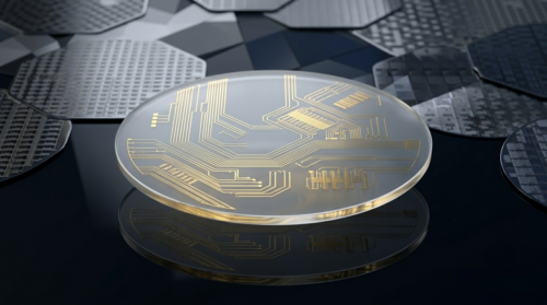 Circuit patterns etched onto a glass panel alongside silicon wafers used in chip manufacturing