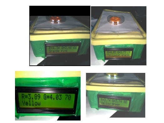 Yellow ochre pigment (orange-pink), Yellow ochre with 10% lemon yellow (yellowish orange), Yellow pigment (starting colour) and Yellow pigment with sap green (yellow-green)