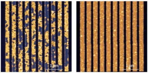Copper lines without the amorphous carbon coating (left) were degraded by exposure to a copper etchant, while coated lines (right) remained intact. The comparison demonstrates the continuous protective coverage provided by the atom-thin carbon film.