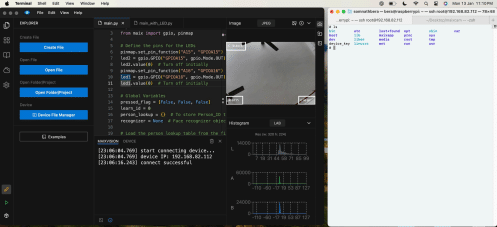 MaixVision IDE (left) and SSH terminal (right) used for programming and managing the MaixCam 