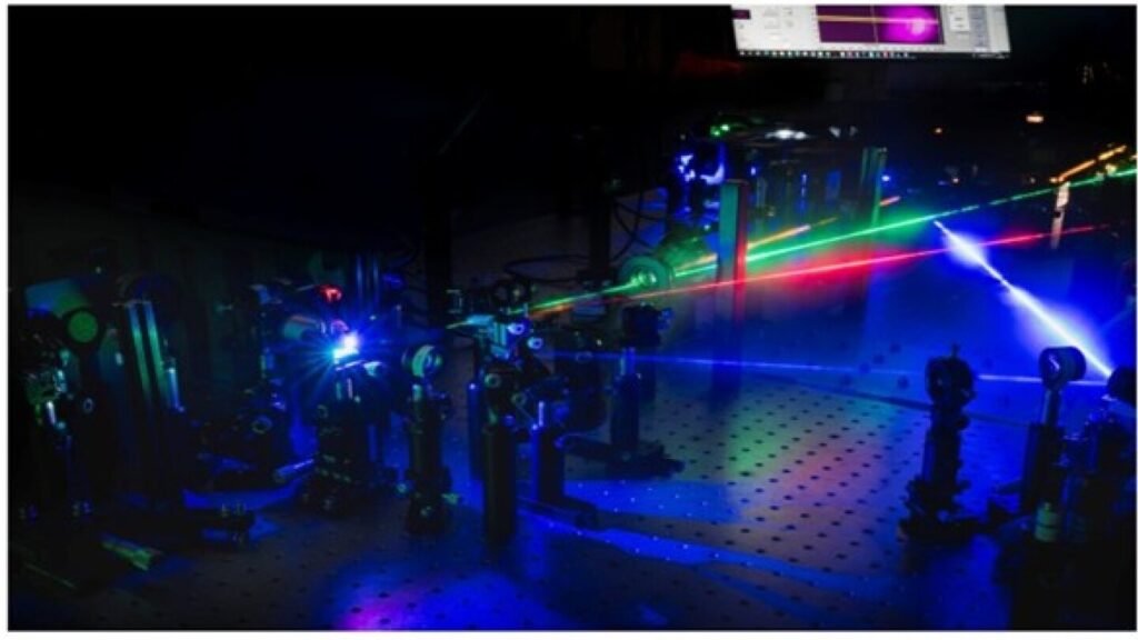 The laser laboratory where the study was performed. A laser beam is used to pump the solution-processed organic microcavities, leading to polariton lasing and visible effects of strong light–matter interactions. Photo: Mikael Nyberg