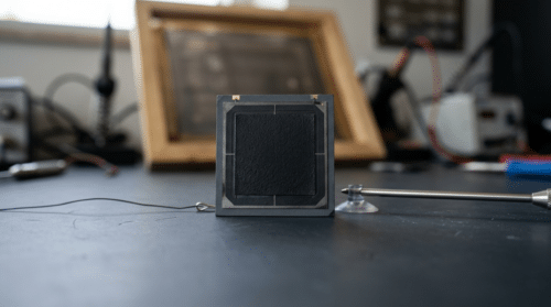 Close-up illustration of a dark perovskite solar cell with carbon electrode contacts