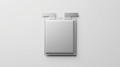 Close-up illustration of a pouch-cell battery casing and terminal tabs