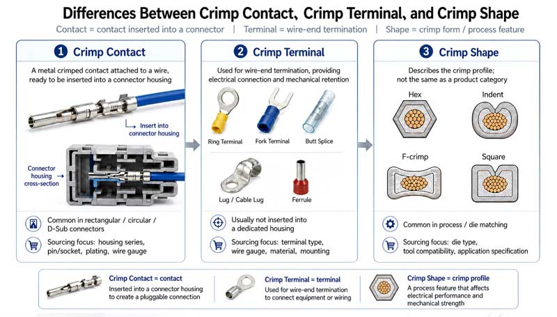 Difference between crimp contacts, crimp terminals, and crimp profiles in connector sourcing