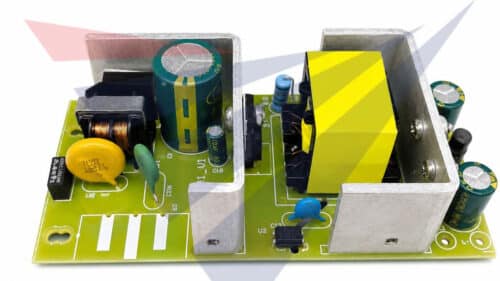 Close-up of the VTD-043 power supply board with transformer, capacitors and protection circuitry