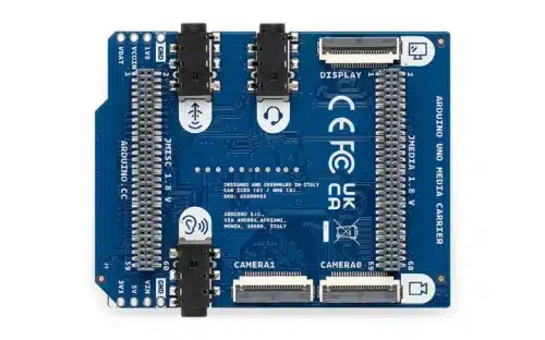 Close-up of the Arduino UNO Media Carrier's camera connectors and audio jacks