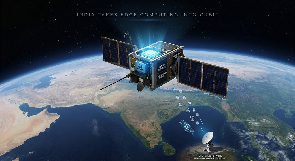 An AI representation of TakeMe2Space expected launch of MOI-1A, a sub-50kg satellite designed to process data in orbit