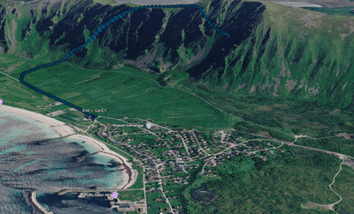 Aerial satellite view of a test route marked over Andøya island, Norway, near the village of Bleik, used for the Galileo spoofing trials