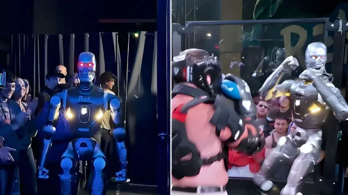 REK calls it the first human-vs.-robot fight. The footage is certainly hard to look away from.