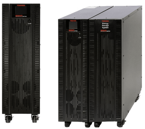 (Left to right). The Toshiba 1610XPi UPS front view and Toshiba 1610XPi UPS side view combined with Toshiba’s Energy Storage System (ESS).