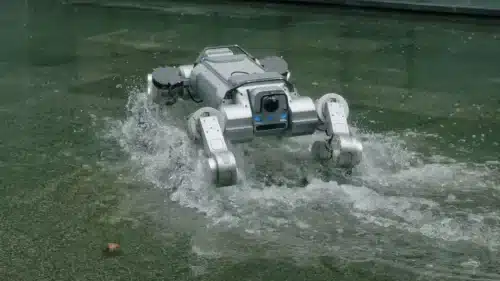 It combines the precision of wheeled AGVs, long-range off-road mobility, and legged robots' ability to navigate complex terrain in one platform.