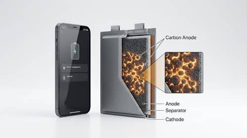 Illustration of a smartphone beside a cutaway lithium-ion battery cell showing the carbon anode, separator and cathode layers
