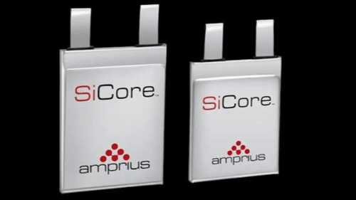 Close-up of two SiCore silicon-anode battery cells with Amprius branding and connector tabs