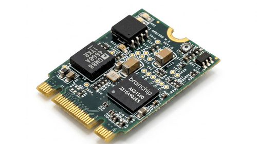 Close-up of the BrainChip AKD1500 chip and surrounding components on the M.2 module
