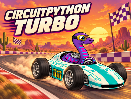 Illustrated CircuitPython Turbo mascot snake driving a race car on a desert track