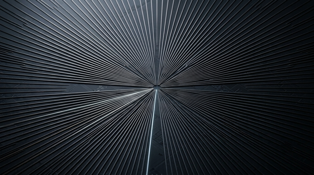 Close-up AI-generated illustration of fine metallic lines converging on a circuit-like dark surface