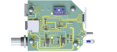 3D render of the CosmicWatch v3X main circuit board showing the BNC connector for the SiPM, microSD slot, pressure and temperature sensor, LED and RJ45 coincidence port