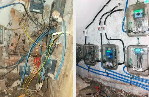 Side-by-side comparison of messy exposed wiring and neatly organised, labelled electricity meters in Delhi, showing the shift to modern metering