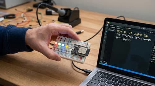A hand holds an ESP32-S3 breadboard with four lit LEDs, next to a laptop showing code for the offline plain-English GPIO project
