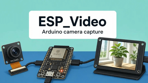 Close-up of an ESP32-P4 board connected to a camera module and display via cables