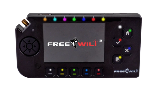 Close-up of the FREE-WILi 2 device's control buttons, D-pad and colored status LEDs