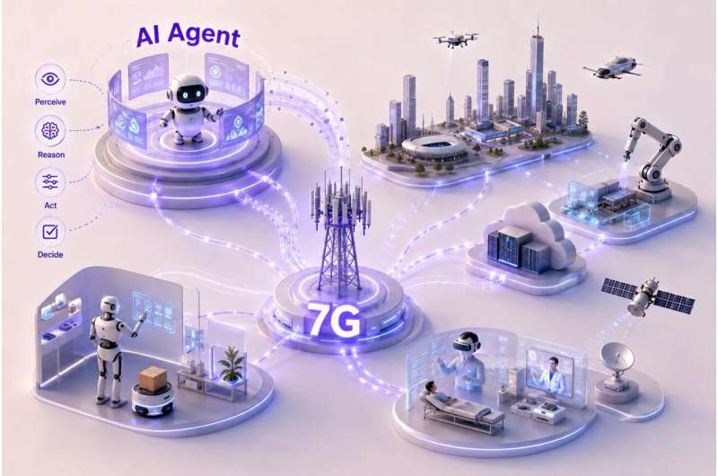 AI agent networks concept: autonomous AI agents collaborate across smart cities, healthcare systems, industrial environments and digital worlds.