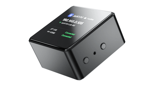 Close-up of the JetKVM Mini's status display and physical buttons