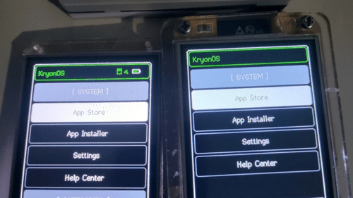 Close view of the KryonOS launcher listing App Store, App Installer, Settings and Help Center