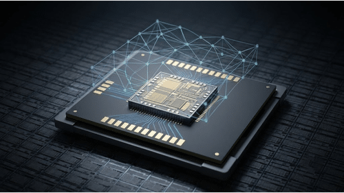 Close-up AI-generated illustration of a chip package with glowing circuit traces and a connected node network above it