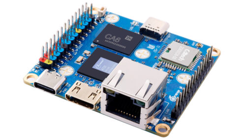 Close-up of the Orange Pi Zero 4 board showing chip packages, Ethernet port and connectors