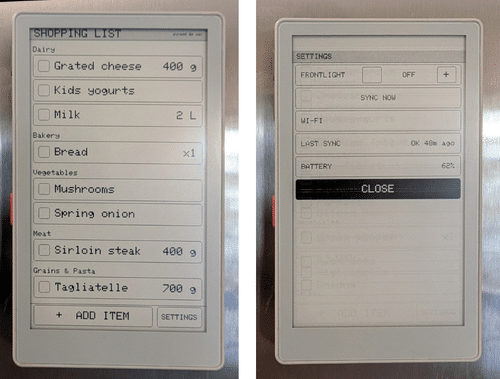 PaperMono e-paper display showing the shopping list grouped by aisle, and its settings screen with Wi-Fi, sync status and battery level